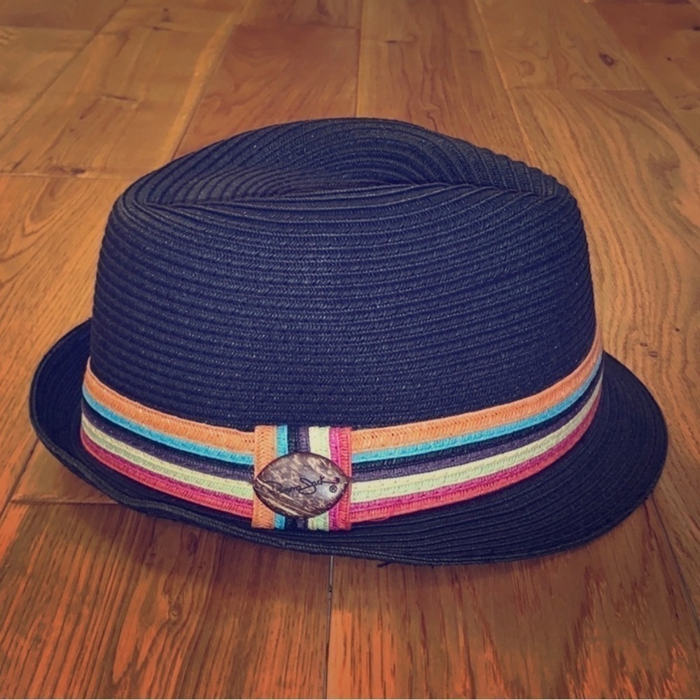 Black Panama Jack black fedora hat with colorful band. One size